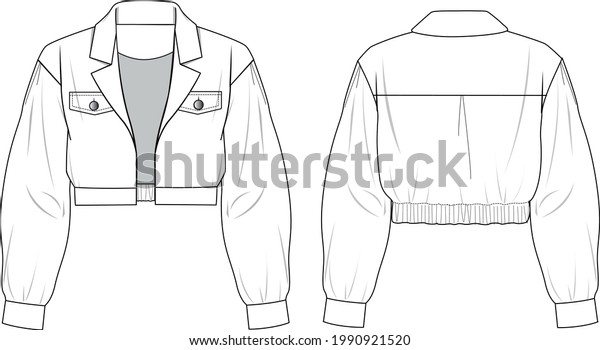 Women\'s Crop Bomber Jacket. Jacket technical\
fashion illustration. Flat apparel jacket template front and back,\
white color. Women\'s CAD\
mock-up.