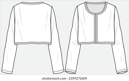 WOMEN'S CROP BUTTON THROUGH CREW NECK CARDIGAN DESIGNED FOR WOMEN AND GIRLS FRONT AND BACK FLAT SKETCH IN EDITABLE VECTOR ILLUSTRATION