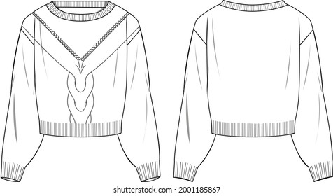 Women's Crop Cable Jumper. Jumper technical fashion illustration. Flat apparel sweater template front and back, white colour. Women's CAD mock-up.