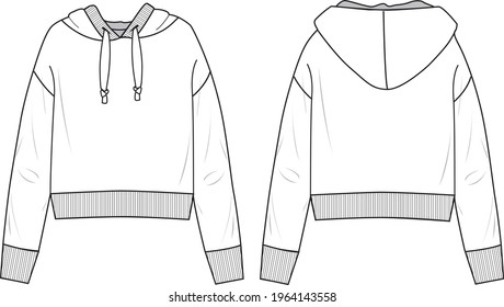 Women's Crop Hooded Knit Jumper- Technical fashion illustration. Front and back, white colour. Women's CAD mock-up.