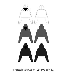 Womens Crop Hoodie Technical Fashion Illustration Vector Women Crop Hoodie Mockup Template Front and Back Girl Crop Hoodie Flat Sketch Technical Drawing Vector Illustration Unisex Blank Hoodie Cropped