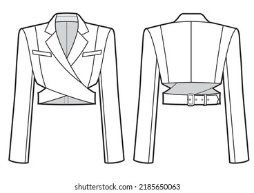 Women's crop jacket fashion illustration, buckle fastened on the back