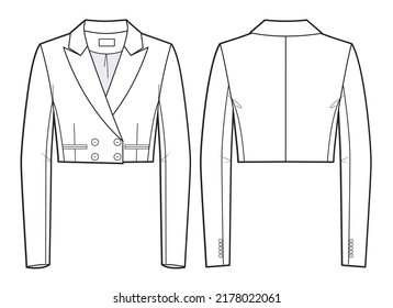 Women's Crop Jacket technical fashion illustration, button-up,   double breasted. Flat apparel Jacket template front and back, white. Women's CAD mock-up.