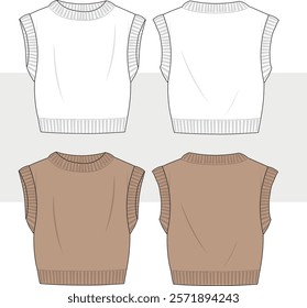 Women's Crop Knit Vest technical fashion illustration. Flat apparel vest template front and back. Unisex CAD mock-up.