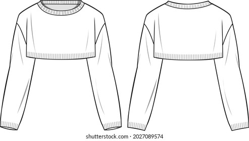 Women's Crop Sweater- Sweater technical fashion illustration. Flat apparel sweater template front and back, white colour. Women's CAD mock-up.