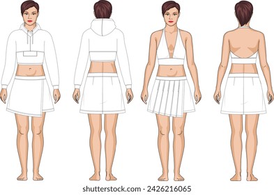 Women's Crop Sweatshirt fashion tehnical drawing template. Sweatshirt template, front and back view, white colour, rib collar and hem, CAD mock-up