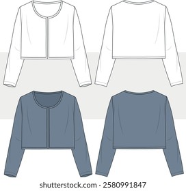 Women's crop through crew neck cardigan jacket designed for women and girls, front and back flat sketch, vector, illustration, technical drawing, cad, mockup.