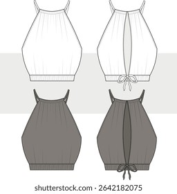 Women's crop top blouse with adjustable collar fashion technical drawing, illustration. Front view, Cad, Mockup set.