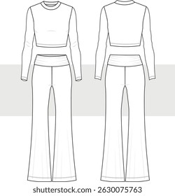Women's crop top and flared leggings pants set fashion drawing, Technical flat sketch, illustration. Front and back view, Cad, Mockup.