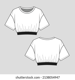 Womens crop top gathering detail hem tape drop shoulder  top t shirt blouse  fashion flat sketch drawing template design vector