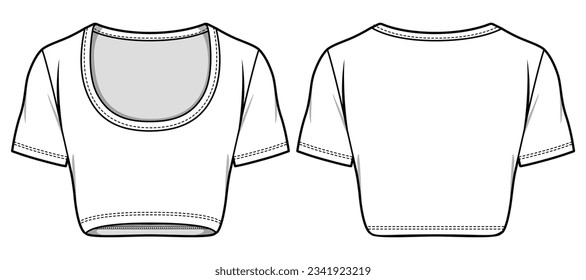 Crop top T Shirt Blouse dibujo plano de la moda modelo de dibujos de moda maquetas maquetas de maqueta maquillaje con vista frontal y trasera. Camiseta de cuello de la tripulación Manga de blouson T 