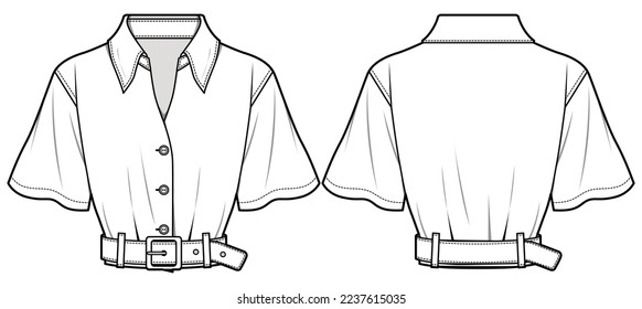 Dibujo de ilustración de moda de sketch plano de la camisa cortada de las mujeres, maqueta de la camiseta superior de la manga corta para niñas y damas maquillaje