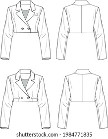 Women's Cropped Blazer Jacket Set. Jacket technical fashion illustration. Flat apparel jacket template front and back, white color. Women's CAD mock-up.