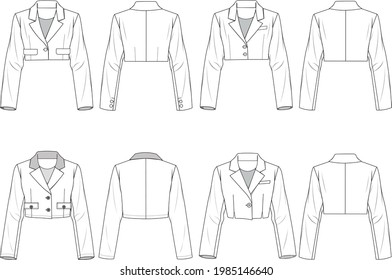 Juego de la Chaqueta Blazer recortada para mujeres. Ilustración técnica de la chaqueta. Plantilla de la chaqueta de ropa plana en la parte delantera y trasera, color blanco. Burla de CAD de mujeres.