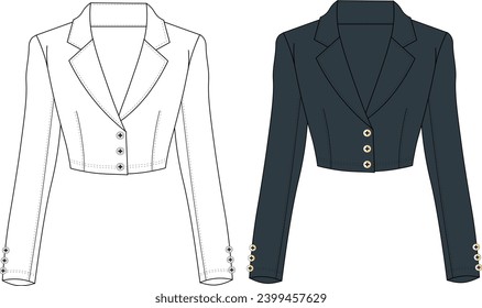 Frauenkulpturen Blazer Jacket. Technische Modegrafik mit Jacket. Flaches Kleiderjacke-Template. Das CAD-Modell für Frauen. Technische Modegrafik von Women's Crop Jacket, Button-Up, Doppelbreasting 