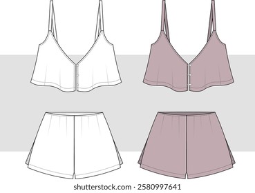 Women's cropped cami and shorts set for woven nightwear set vector, fashion illustration, cad, mockup.	
