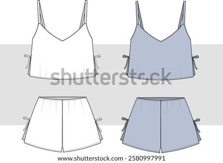 Women's cropped cami and shorts set for woven nightwear set vector, fashion illustration, cad, mockup.