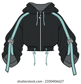 Chaqueta de la Chaqueta de la Cargo recortada de las mujeres. Ilustración de un vector de dibujos planos de moda, CAD, dibujo técnico, plano, plantilla, maquillaje.