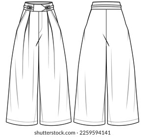 Women's cropped flare pants  trouser flat sketch fashion illustration cad drawing front and back view, Wide leg boot cut pant design