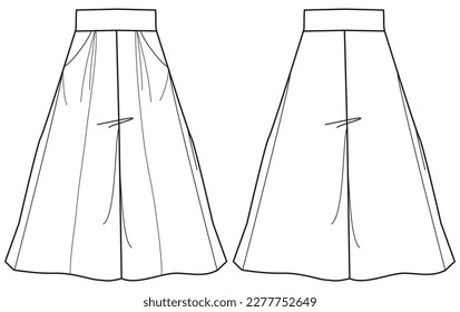 Women's cropped flare pants  trouser flat sketch fashion illustration cad drawing front and back view, Wide leg boot cut pant design