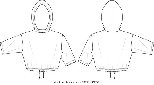 Women's Cropped Hooded Sweatshirt. Jersey sweatshirt technical fashion illustration with drawstring hem detail. Flat apparel sweatshirt template front and back, white colour. Unisex CAD mock up.