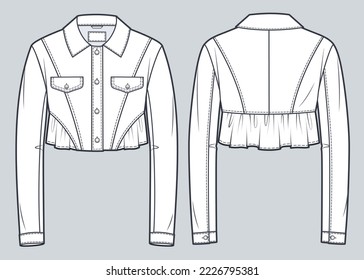 Women's Cropped Jacket technical fashion Illustration. Jeans Jacket fashion flat technical drawing template, button closure, pocket, ruffles bottom, front, back view, white, cad mockup. 