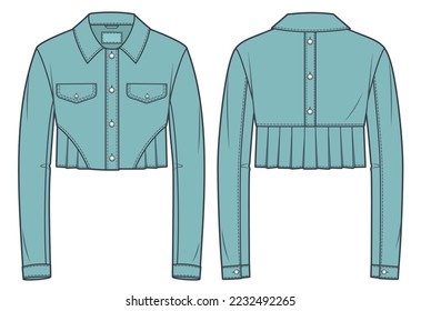 Women's Cropped Jacket technical fashion Illustration. Denim Jacket fashion flat technical drawing template, button closure, pocket, pleats bottom, front view, back view, green color, cad mockup. 