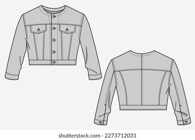 Women's Cropped Jacket technical fashion Illustration. Jeans Jacket fashion flat technical drawing template, button closure, pocket, front and back view.
