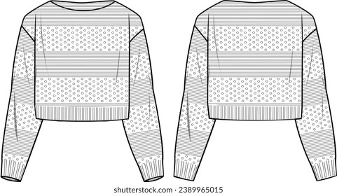 Women's Cropped Pointelle Jumper. Technical fashion illustration. Front and back, white color. Women's CAD mock-up.