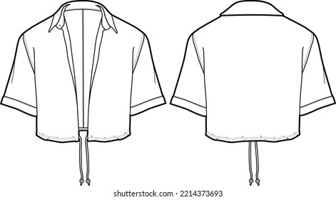 Women's Cropped Shirt Blouse  with ties knot flat sketch fashion illustration, Short sleeve shirt for girls and ladies template mock up