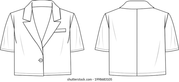 Chaqueta Blazer de manga corta recortada para mujeres. Ilustración técnica de la chaqueta. Plantilla de la chaqueta de ropa plana en la parte delantera y trasera, color blanco. Burla de CAD de mujeres.