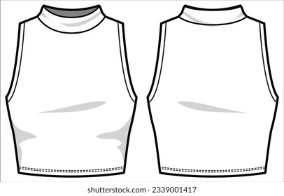 Modelo de dibujo de dibujo de la moda de la camiseta superior del tanque de las mujeres sin mangas con vista frontal y trasera. Dibujo de la caña superior sin mangas de la parte superior del recorte del cuello alto