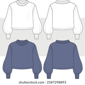 Women's cropped sweatshirt drawing illustration. Balloon lantern sleeve long sleeve rib, autumn winter sweatshirt front and back view. Flat Sketch technical drawing template, cad, mockup.