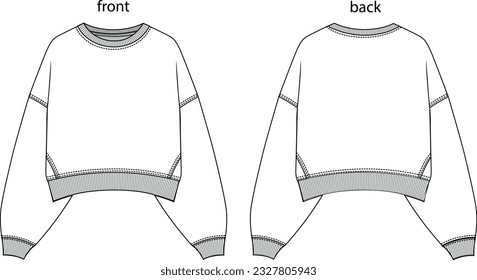women's cropped sweatshirt with ribbing at neckline cuffs and hem, vector illustration, fashion illustration, sweatshirt front and back CAD