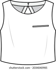 women's cropped tank top with pocket fashion flat sketch vector Illustration