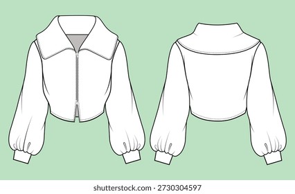 Women's Cropped Zip-Up Jacket with Oversized Collar and Puff Sleeves - Technical Flat Sketch