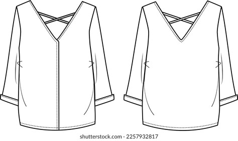 La mujer es la otra blusa. Ilustración técnica de moda blusa. Funda plana de la blusa de la parte delantera y trasera, color blanco. Burla de CAD de mujeres.