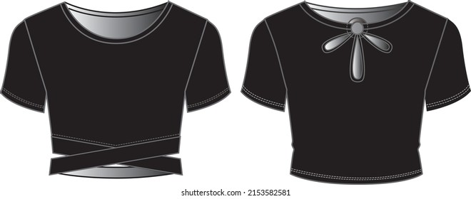 Ilustración técnica superior de moda de Hem Tee y Keyhole Crop Tee-Jersey de la banda de cruz femenina. Delante y detrás de la plantilla superior de la camiseta de ropa plana, color negro. Burla de CAD de mujeres.