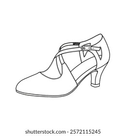 Women's cross strap shoes, latin and salsa dance shoe, ballroom dance pumps performance dancing shoes vector line art. Technical sketch hand drawing outline vector doodle illustration. 