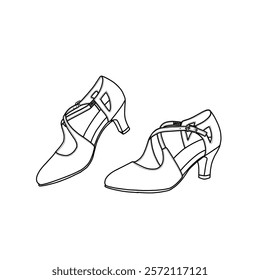 Women's cross strap shoes, latin and salsa dance shoe, classis closed toe shoes with adjustable buckle vector line art. Technical sketch hand drawing outline vector doodle illustration.