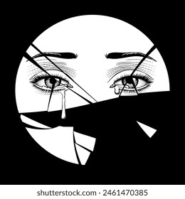 Women's crying eyes with tears in the reflection of fragments of a broken round mirror on a black background. Drawing in vintage black and white engraving 
style. Vector illustration