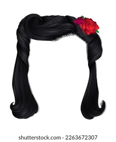 women's curly hairs with flower.red rose. black colors.