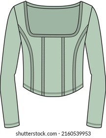 Women's Curved Hem Corset Top. Cami top technical fashion illustrator. Flat apparel top template front, colored. Women's CAD mockup.