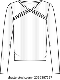 Women's Cut Out Knit Sweater- Technical fashion illustration. Front, white colour. Women's CAD mock-up.