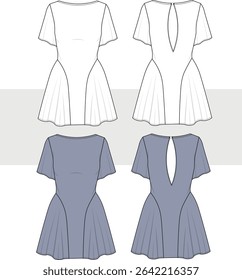 Women's cute flared mini dress with back detail technical fashion Illustration. flat technical drawing template, flare, slim fit, CAD mockup set.