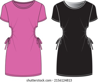 Women's Cut-Out and Tie Detail Knit Dress. Dress technical fashion illustration. Flat apparel dress template front, pink and black color. Women's CAD mock-up.