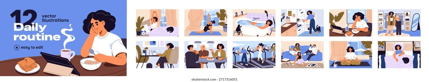 Women's daily routine set. Efficiency, everyday life and businesses of girl: work, yoga, cooking and eating, meetings, fitness, bathing, rest and sleep. Female day schedule. Flat vector illustrations