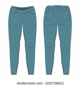 Women's dark blue jeans. Front and back views on white background