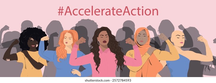 Womens Day 2025 banner. Accelerate Action. Women community showing biceps