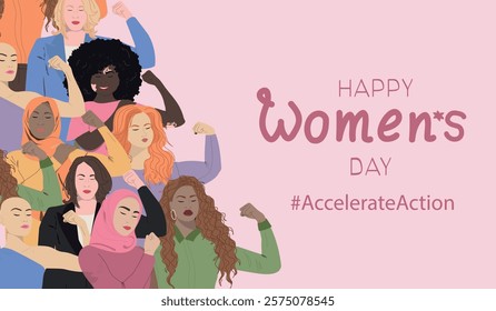 Womens Day 2025 banner. Accelerate Action. Women community showing biceps